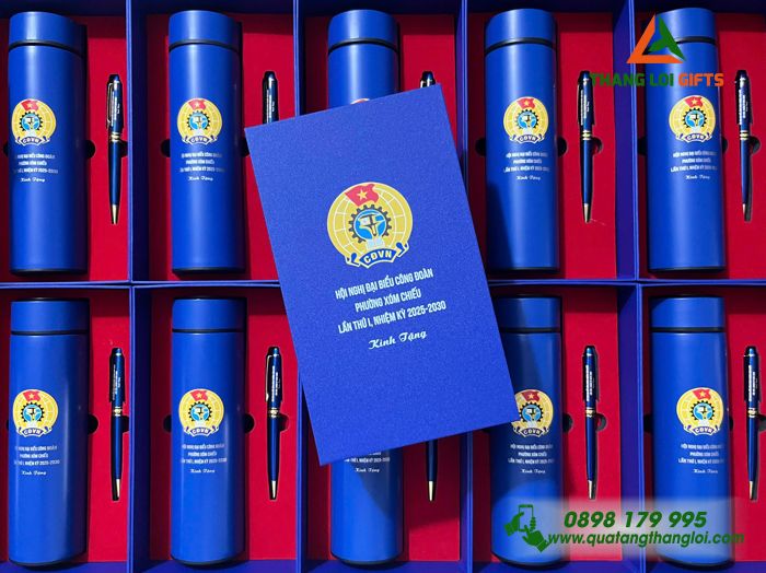 Combo Quà Tặng (Bình & Bút) Màu Xanh - In Khắc Logo Đại Hội Công Đoàn Phường Xóm Chiếu