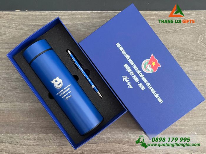 Bộ Quà Tặng (Bình & Bút) Màu Xanh - In Khắc Logo Đoàn TNCS Hồ Chí Minh Xã La Ngà