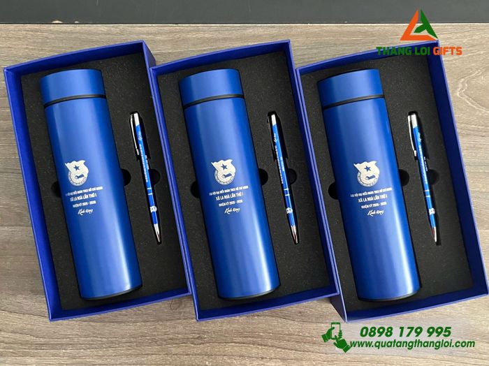 Bộ Quà Tặng (Bình & Bút) Màu Xanh - In Khắc Logo Đoàn TNCS Hồ Chí Minh Xã La Ngà