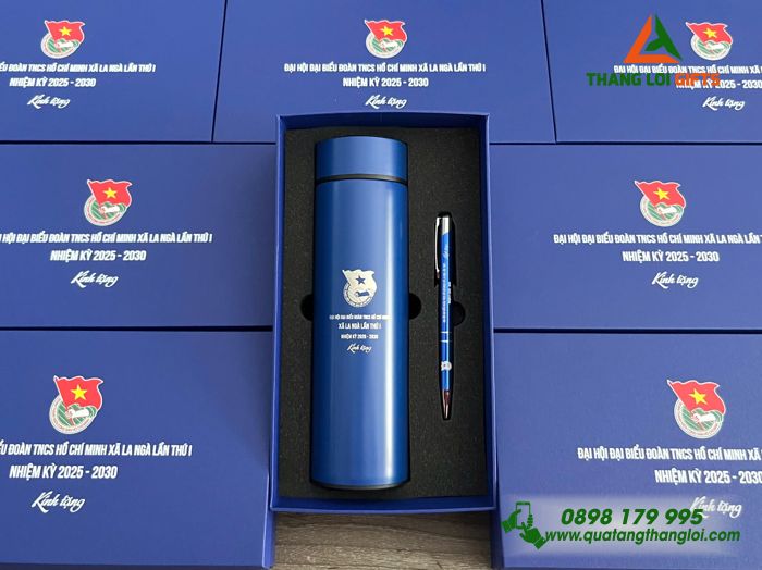 Bộ Quà Tặng (Bình & Bút) Màu Xanh - In Khắc Logo Đoàn TNCS Hồ Chí Minh Xã La Ngà