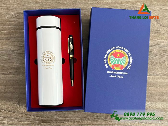 Combo Quà Tặng (Bình & Bút) - In Khắc Logo Đại Hội Đại Biểu Hội Nông Dân Xã Hồng Thái