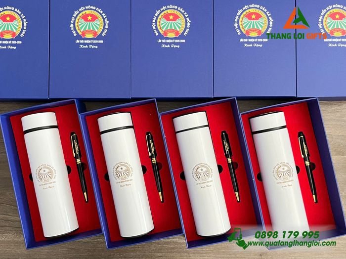 Combo Quà Tặng (Bình & Bút) - In Khắc Logo Đại Hội Đại Biểu Hội Nông Dân Xã Hồng Thái