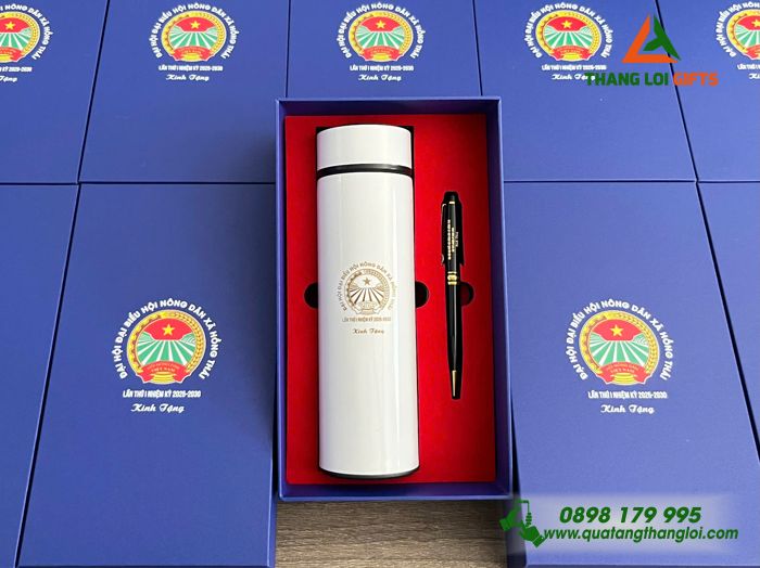 Combo Quà Tặng (Bình & Bút) - In Khắc Logo Đại Hội Đại Biểu Hội Nông Dân Xã Hồng Thái