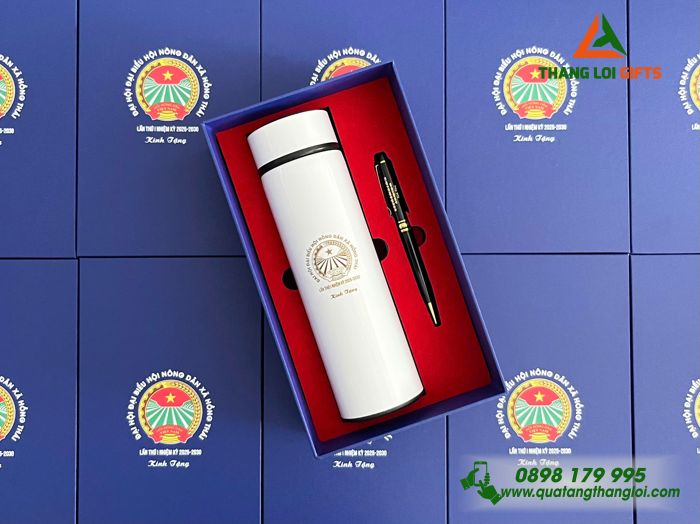 Combo Quà Tặng (Bình & Bút) - In Khắc Logo Đại Hội Đại Biểu Hội Nông Dân Xã Hồng Thái