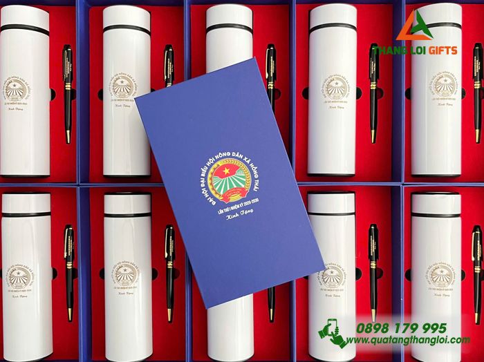 Combo Quà Tặng (Bình & Bút) - In Khắc Logo Đại Hội Đại Biểu Hội Nông Dân Xã Hồng Thái
