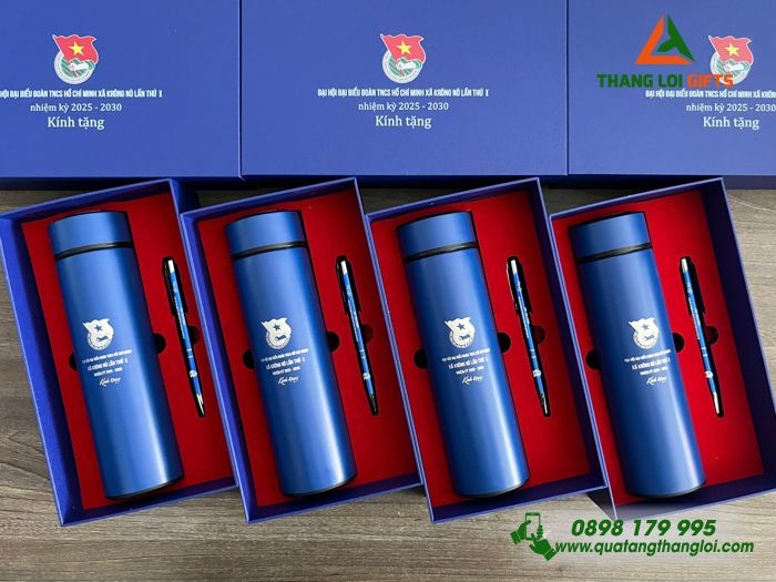 Combo Quà Tặng (Bình & Bút) Màu Xanh - In Khắc Logo Đoàn TNCS Hồ Chí Minh Xã Krông Nô