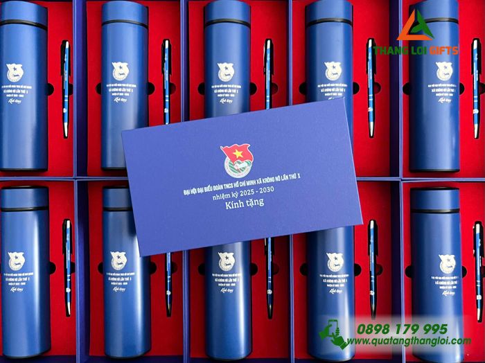 Combo Quà Tặng (Bình & Bút) Màu Xanh - In Khắc Logo Đoàn TNCS Hồ Chí Minh Xã Krông Nô