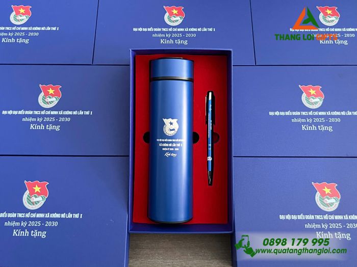 Combo Quà Tặng (Bình & Bút) Màu Xanh - In Khắc Logo Đoàn TNCS Hồ Chí Minh Xã Krông Nô