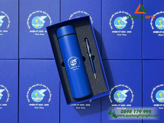 Combo Quà Tặng (Bình Giữ Nhiệt & Bút Ký) Màu Xanh - In Khắc Logo Hội Liên Hiệp Phụ Nữ Việt Nam Làm Quà 20/10