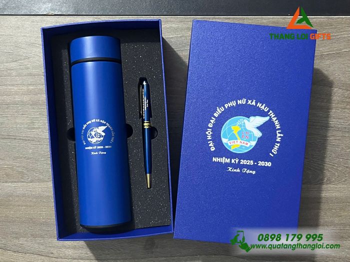 Combo Quà Tặng (Bình Giữ Nhiệt & Bút Ký) Màu Xanh - In Khắc Logo Hội Liên Hiệp Phụ Nữ Việt Nam Làm Quà 20/10