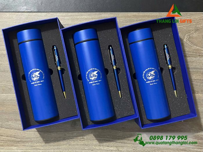Combo Quà Tặng (Bình Giữ Nhiệt & Bút Ký) Màu Xanh - In Khắc Logo Hội Liên Hiệp Phụ Nữ Việt Nam Làm Quà 20/10