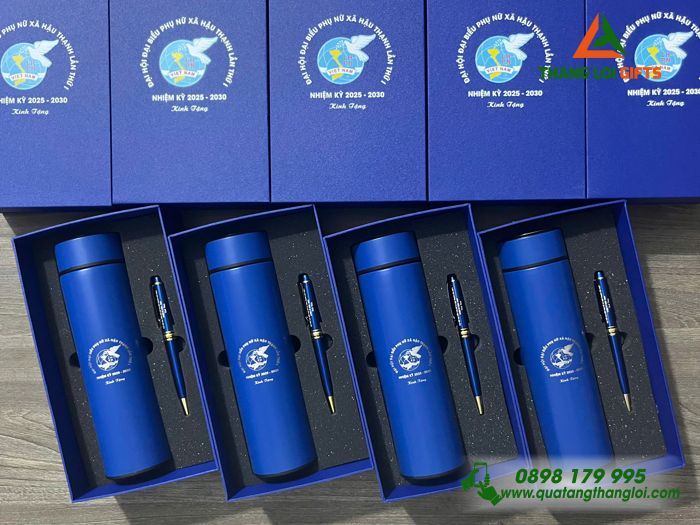 Combo Quà Tặng (Bình Giữ Nhiệt & Bút Ký) Màu Xanh - In Khắc Logo Hội Liên Hiệp Phụ Nữ Việt Nam Làm Quà 20/10