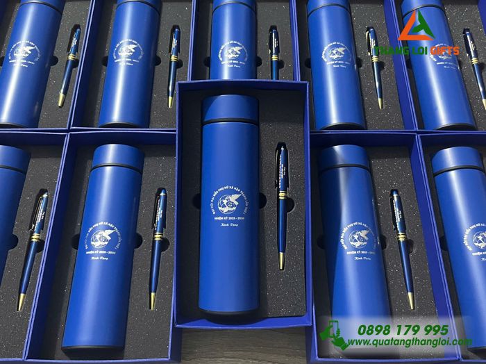 Combo Quà Tặng (Bình Giữ Nhiệt & Bút Ký) Màu Xanh - In Khắc Logo Hội Liên Hiệp Phụ Nữ Việt Nam Làm Quà 20/10