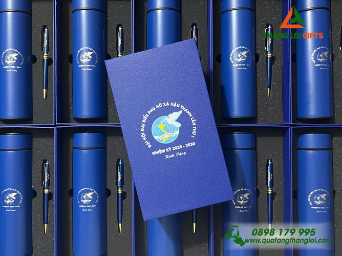 Combo Quà Tặng (Bình Giữ Nhiệt & Bút Ký) Màu Xanh - In Khắc Logo Hội Liên Hiệp Phụ Nữ Việt Nam Làm Quà 20/10
