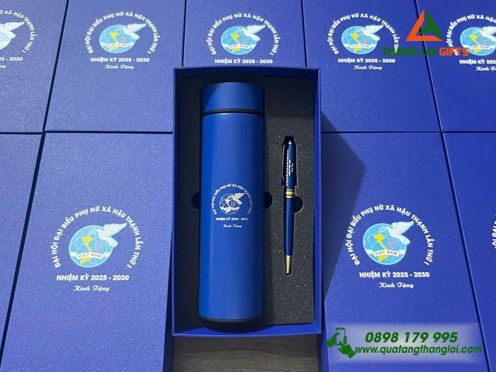 Combo Quà Tặng (Bình Giữ Nhiệt & Bút Ký) Màu Xanh - In Khắc Logo Hội Liên Hiệp Phụ Nữ Việt Nam Làm Quà 20/10