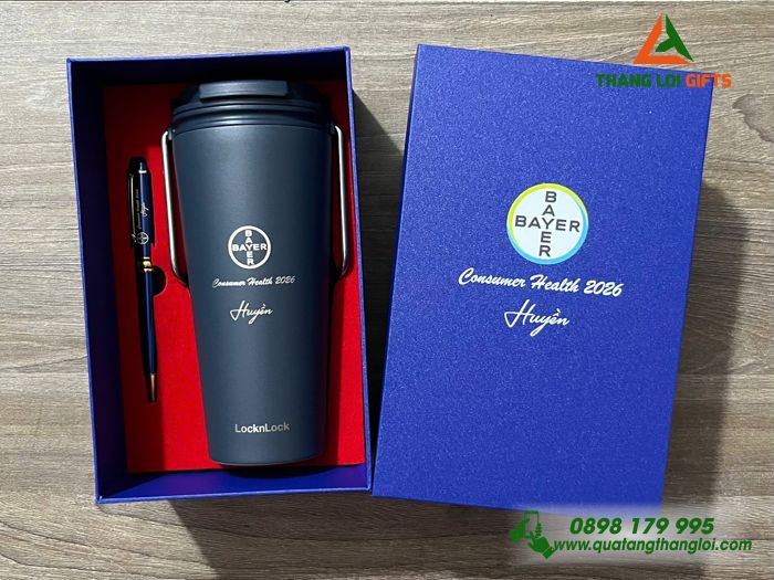 Combo Quà Tặng (Ly Giữ Nhiệt Lock&Lock & Bút Ký) Màu Xanh - In Khắc Logo Doanh Nghiệp BAYER