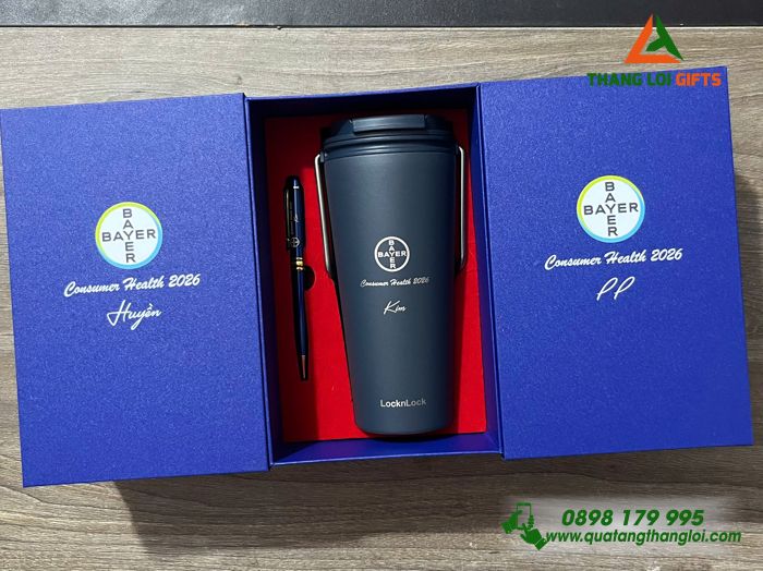 Combo Quà Tặng (Ly Giữ Nhiệt Lock&Lock & Bút Ký) Màu Xanh - In Khắc Logo Doanh Nghiệp BAYER