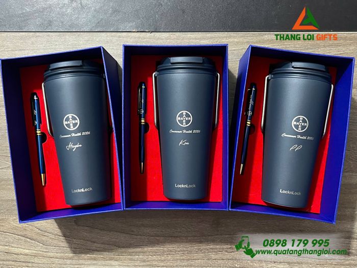 Combo Quà Tặng (Ly Giữ Nhiệt Lock&Lock & Bút Ký) Màu Xanh - In Khắc Logo Doanh Nghiệp BAYER