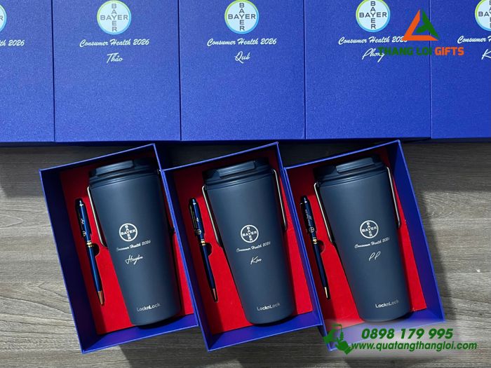 Combo Quà Tặng (Ly Giữ Nhiệt Lock&Lock & Bút Ký) Màu Xanh - In Khắc Logo Doanh Nghiệp BAYER