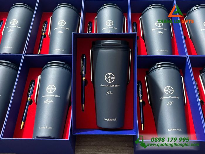 Combo Quà Tặng (Ly Giữ Nhiệt Lock&Lock & Bút Ký) Màu Xanh - In Khắc Logo Doanh Nghiệp BAYER