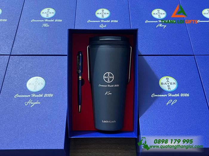Combo Quà Tặng (Ly Giữ Nhiệt Lock&Lock & Bút Ký) Màu Xanh - In Khắc Logo Doanh Nghiệp BAYER