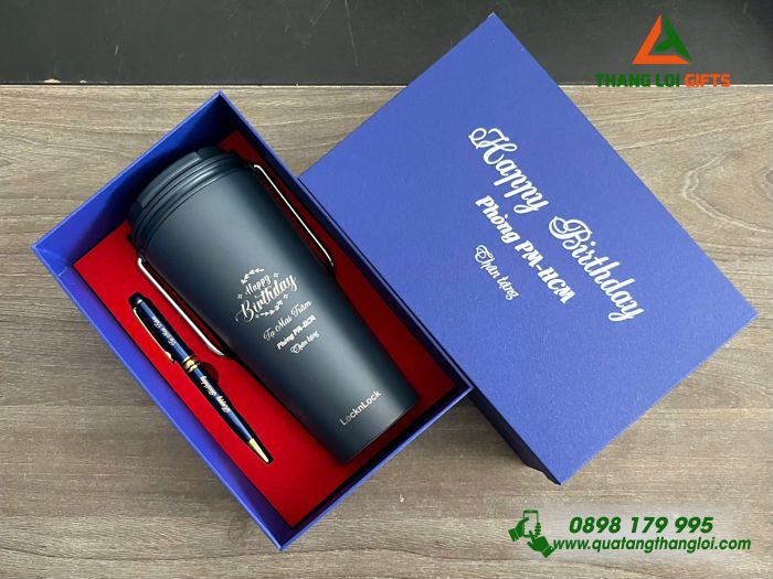 Bộ Quà Tặng (Ly Giữ Nhiệt Lock&Lock & Bút Ký) Màu Xanh - In Khắc Tên Làm Quà Sinh Nhật