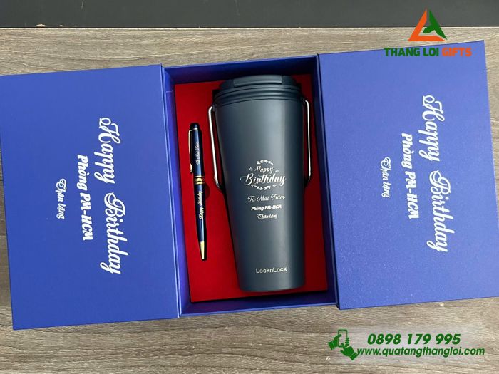 Bộ Quà Tặng (Ly Giữ Nhiệt Lock&Lock & Bút Ký) Màu Xanh - In Khắc Tên Làm Quà Sinh Nhật