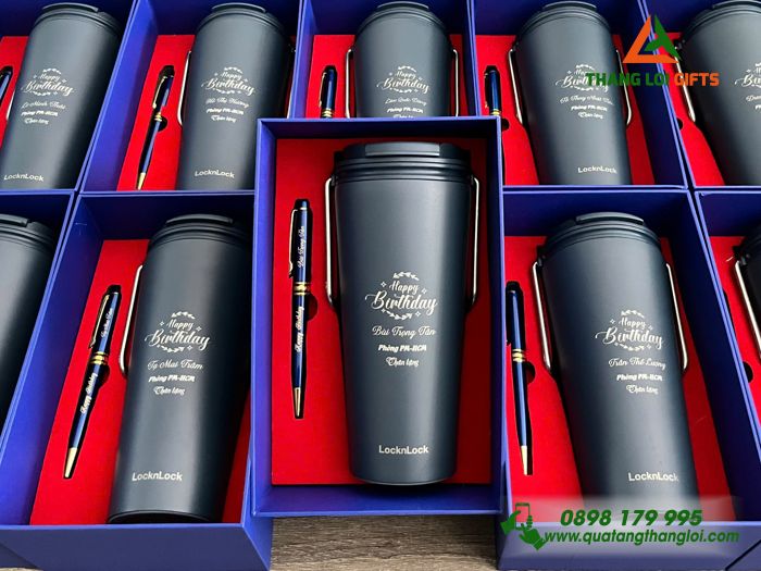 Bộ Quà Tặng (Ly Giữ Nhiệt Lock&Lock & Bút Ký) Màu Xanh - In Khắc Tên Làm Quà Sinh Nhật