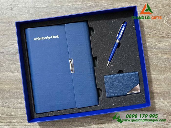 Set Quà Tặng (Sổ+ Hộp Namecard+ Bút) Màu Xanh - In Khắc Logo Doanh Nghiệp Kimberly-Clark
