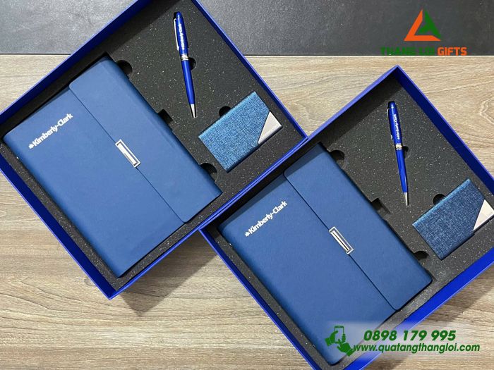 Set Quà Tặng (Sổ+ Hộp Namecard+ Bút) Màu Xanh - In Khắc Logo Doanh Nghiệp Kimberly-Clark