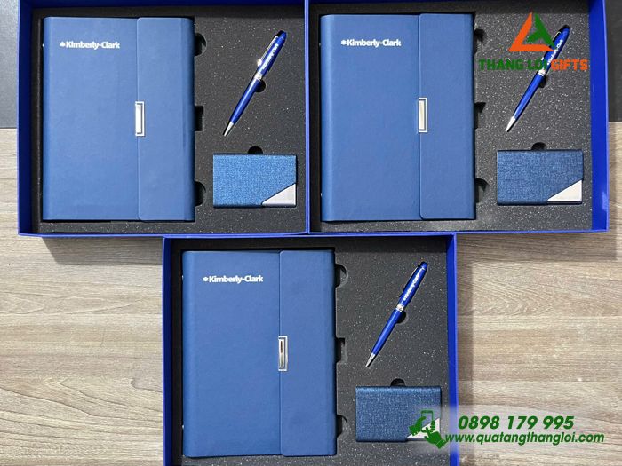 Set Quà Tặng (Sổ+ Hộp Namecard+ Bút) Màu Xanh - In Khắc Logo Doanh Nghiệp Kimberly-Clark