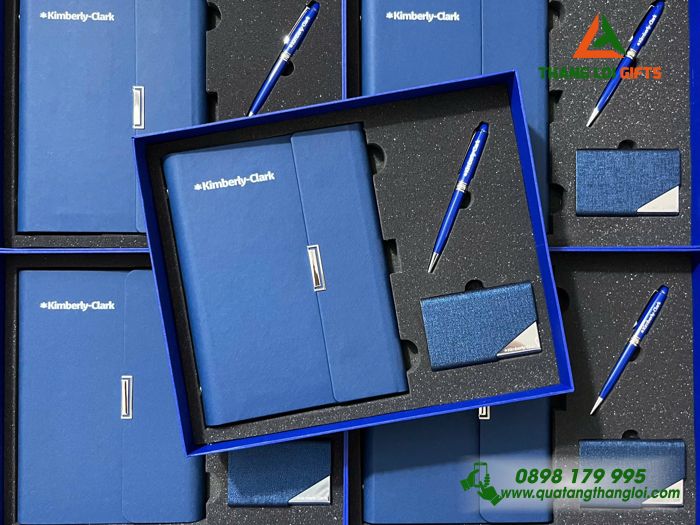 Set Quà Tặng (Sổ+ Hộp Namecard+ Bút) Màu Xanh - In Khắc Logo Doanh Nghiệp Kimberly-Clark