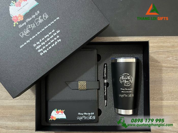Set Quà Tặng (Sổ+ Ly+ Bút) Màu Đen - In Khắc Nội Dung Làm Quà Tặng Tri Ân Thầy Cô
