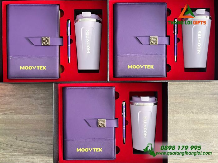 Set Quà Tặng (Sổ+ Ly+ Bút) Màu Tím - In Khắc Logo MOOVTEK