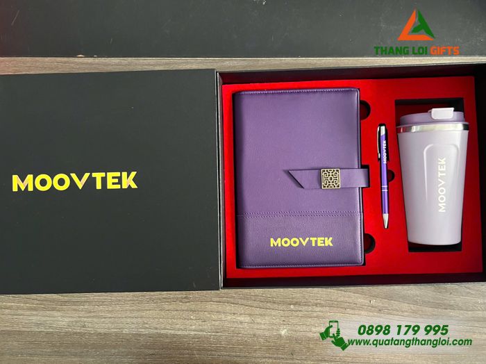 Set Quà Tặng (Sổ+ Ly+ Bút) Màu Tím - In Khắc Logo MOOVTEK