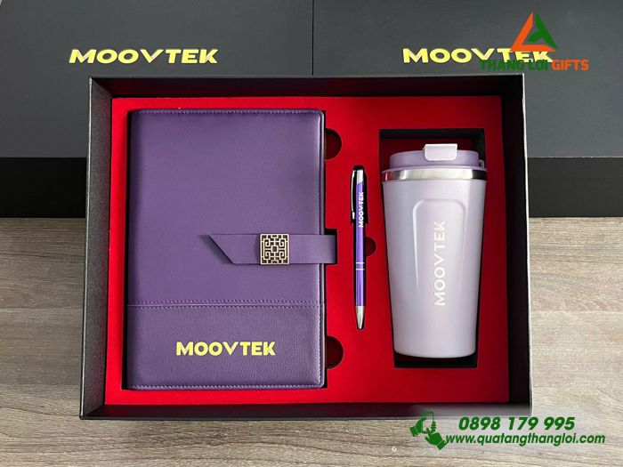 Set Quà Tặng (Sổ+ Ly+ Bút) Màu Tím - In Khắc Logo MOOVTEK