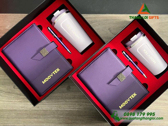 Set Quà Tặng (Sổ+ Ly+ Bút) Màu Tím - In Khắc Logo MOOVTEK