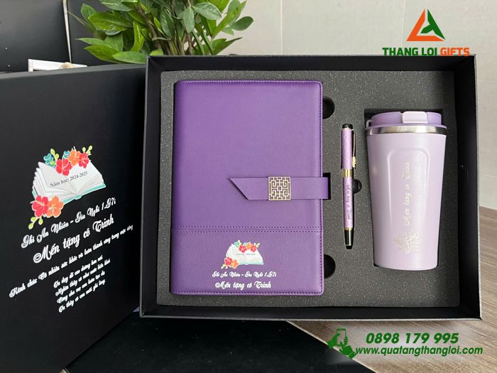Bộ Quà Tặng (Sổ+ Ly+ Bút) Màu Tím - In Khắc Tên, Nội Dung Tri Ân Thầy Cô Nhân Ngày 20/11