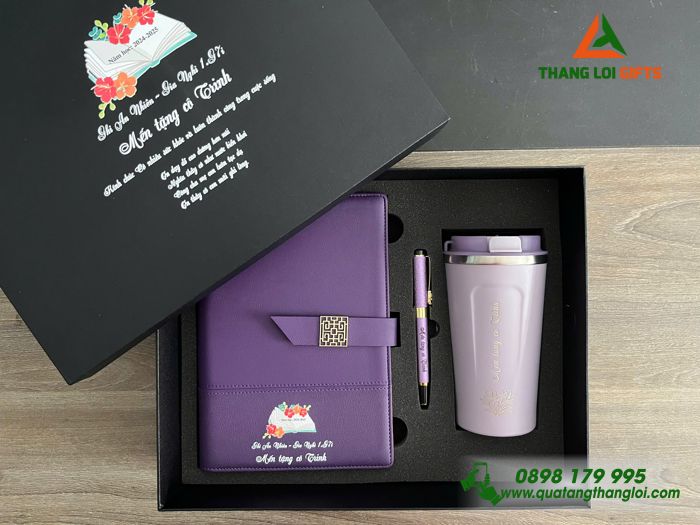 Bộ Quà Tặng (Sổ+ Ly+ Bút) Màu Tím - In Khắc Tên, Nội Dung Tri Ân Thầy Cô Nhân Ngày 20/11