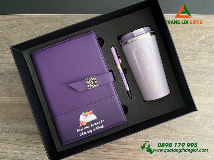 Bộ Quà Tặng (Sổ+ Ly+ Bút) Màu Tím - In Khắc Tên, Nội Dung Tri Ân Thầy Cô Nhân Ngày 20/11