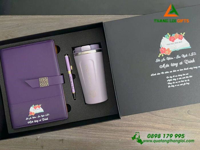 Bộ Quà Tặng (Sổ+ Ly+ Bút) Màu Tím - In Khắc Tên, Nội Dung Tri Ân Thầy Cô Nhân Ngày 20/11