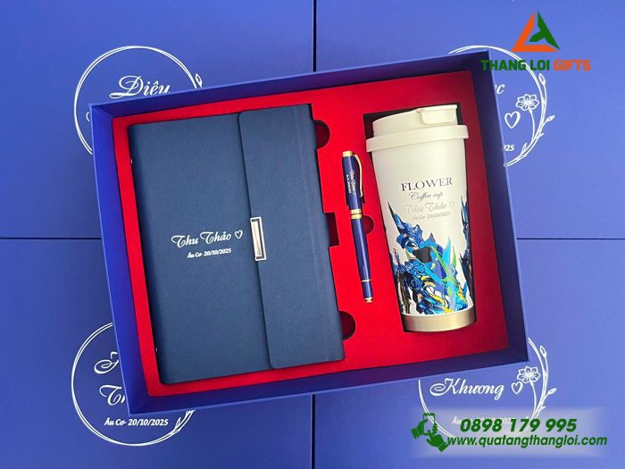 Giftset Bộ Quà Tặng (Sổ+ Ly+ Bút) Màu Xanh - In Khắc Tên Làm Quà Tặng Ngày 20/10