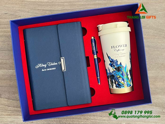 Giftset Bộ Quà Tặng (Sổ+ Ly+ Bút) Màu Xanh - In Khắc Tên Làm Quà Tặng Ngày 20/10