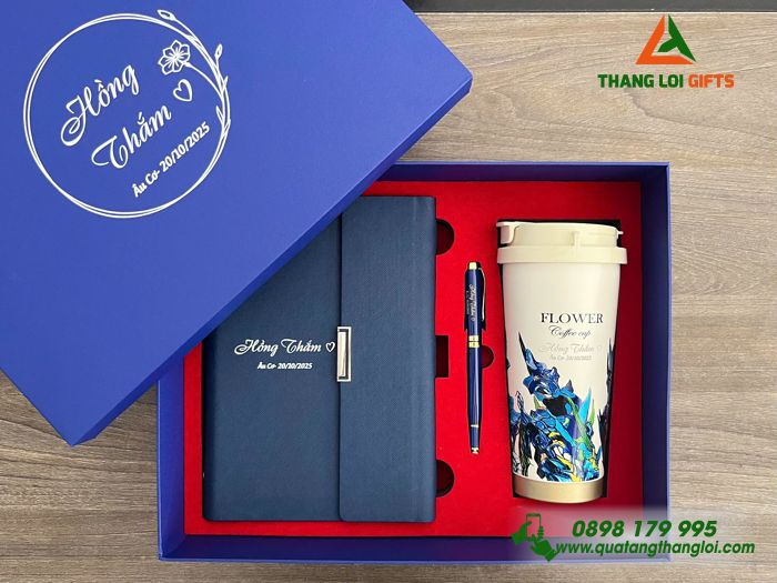 Giftset Bộ Quà Tặng (Sổ+ Ly+ Bút) Màu Xanh - In Khắc Tên Làm Quà Tặng Ngày 20/10