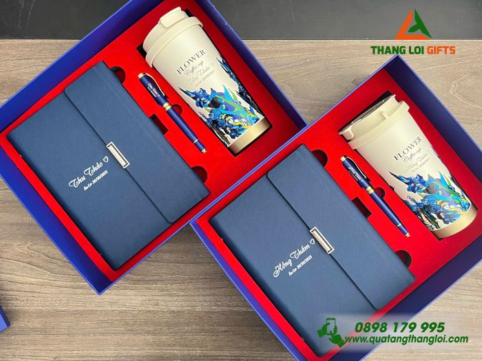 Giftset Bộ Quà Tặng (Sổ+ Ly+ Bút) Màu Xanh - In Khắc Tên Làm Quà Tặng Ngày 20/10