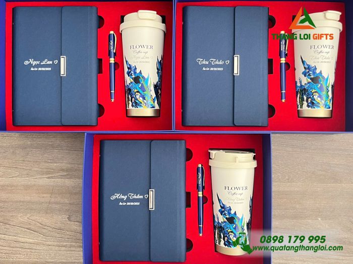 Giftset Bộ Quà Tặng (Sổ+ Ly+ Bút) Màu Xanh - In Khắc Tên Làm Quà Tặng Ngày 20/10