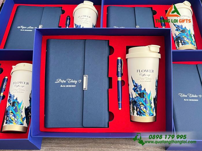 Giftset Bộ Quà Tặng (Sổ+ Ly+ Bút) Màu Xanh - In Khắc Tên Làm Quà Tặng Ngày 20/10