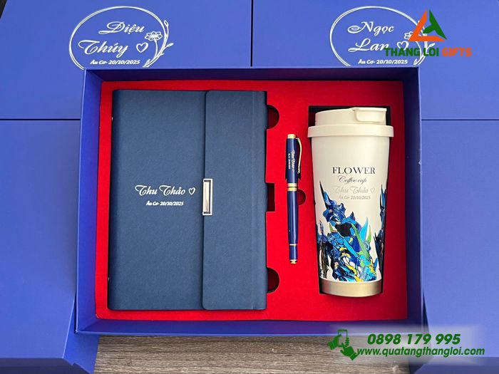 Giftset Bộ Quà Tặng (Sổ+ Ly+ Bút) Màu Xanh - In Khắc Tên Làm Quà Tặng Ngày 20/10
