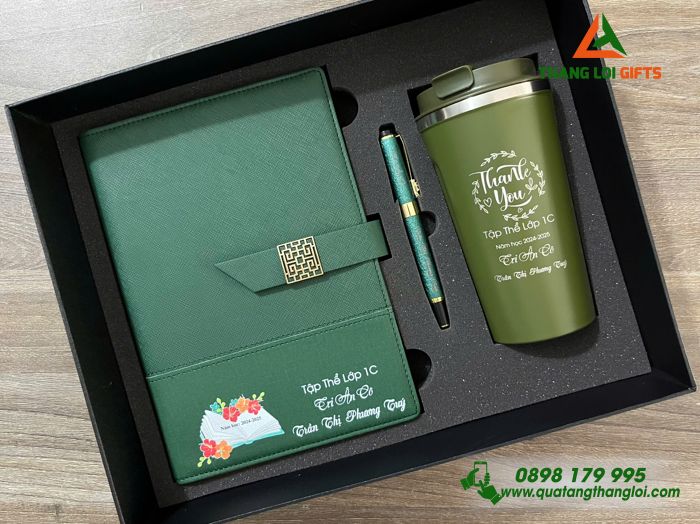 Combo Quà Tặng (Sổ+ Ly+ Bút) Màu Xanh Lá - In Khắc Tên, Nội Dung Tri Ân Thầy Cô Nhân Ngày 20/11