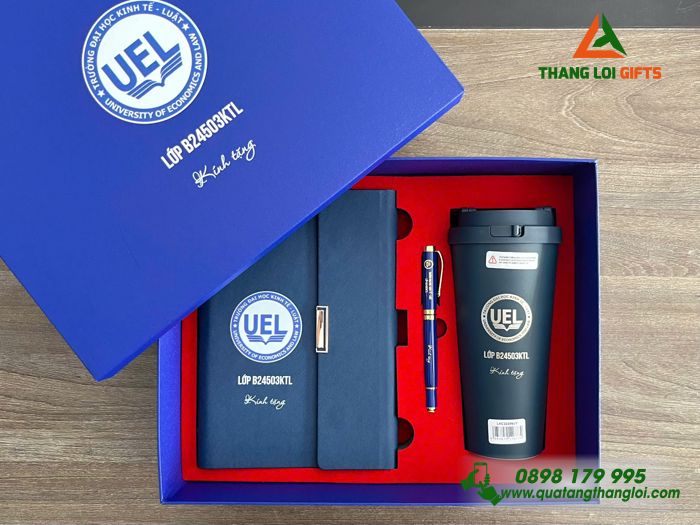 Giftset Bộ Quà Tặng (Sổ+ Ly Lock&Lock+ Bút) Màu Xanh - In Khắc Logo Trường Đại Học Kinh Tế-Luật UEL